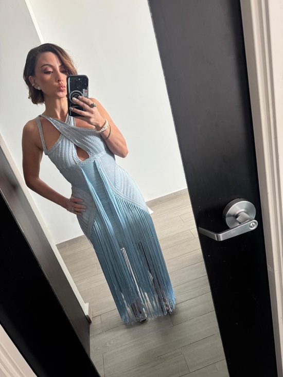 Herve Leger Dresses & Skirts - Herve Leger Blue Fringe Halter Maxi Dress